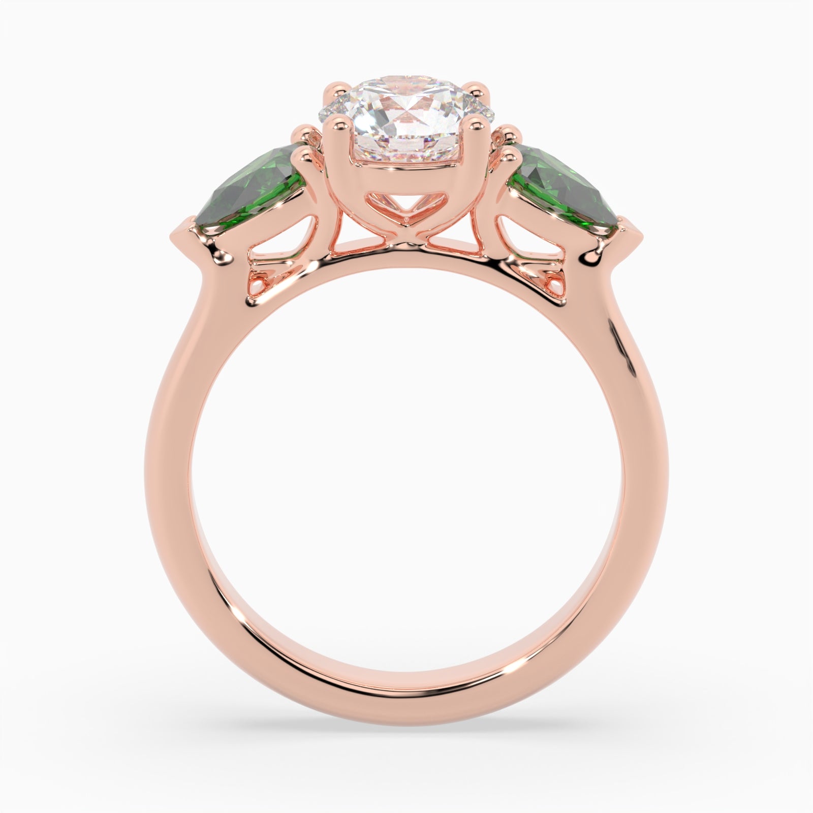 Round & Pear Emerald Rose Gold Ring, Claw Set Trilogy | SMR RX4831EM