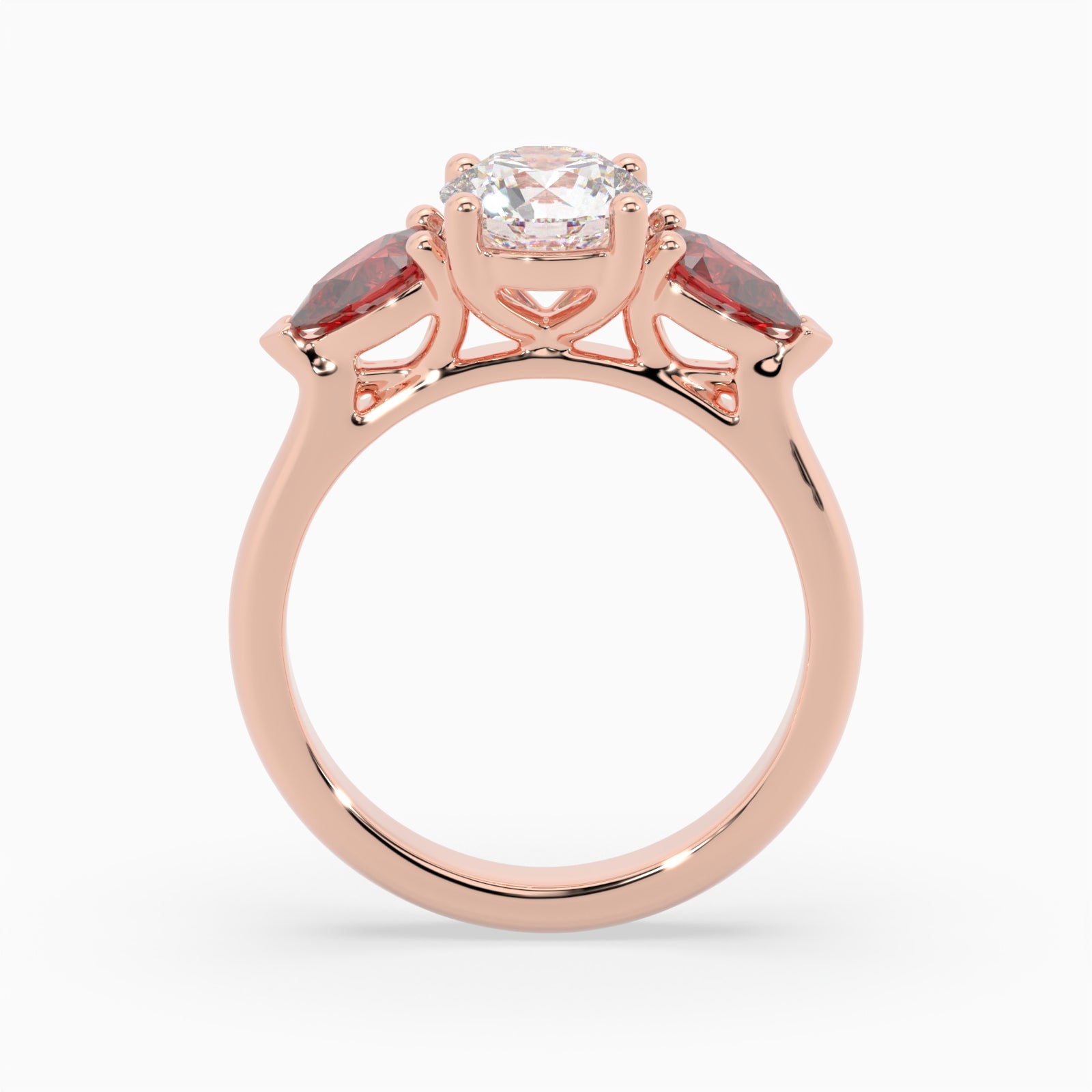 Round & Pear Ruby Rose Gold Ring, Claw Set Trilogy | SMR RX4831RU