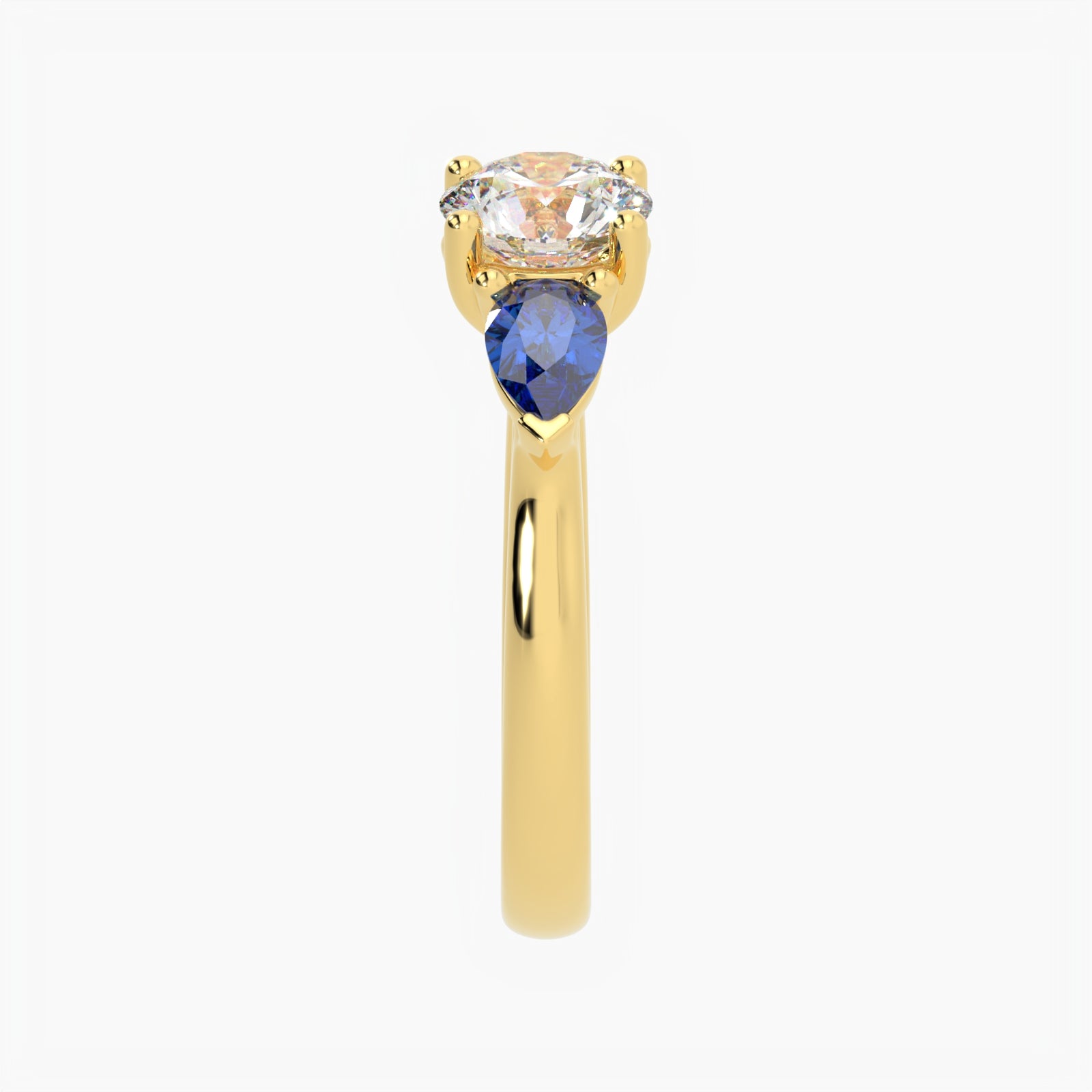 Round & Pear Blue Sapphire Yellow Gold Ring, Claw Set Trilogy | SMR RX4831SA