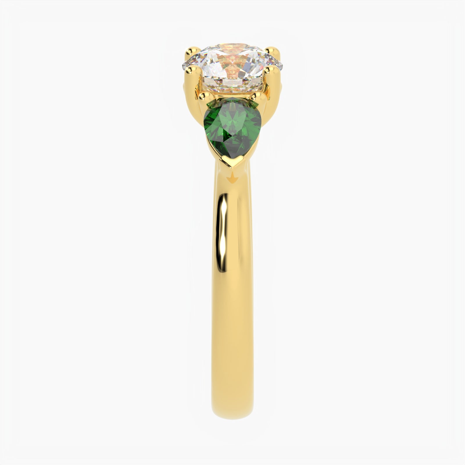 Round & Pear Emerald Yellow Gold Ring, Claw Set Trilogy | SMR RX4831EM