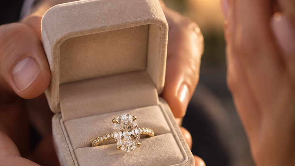 A close-up of a gold ring with a clear central diamond presented in an open beige velvet ring box, held by a person whose hands are visible, with another person softly blurred in the foreground.