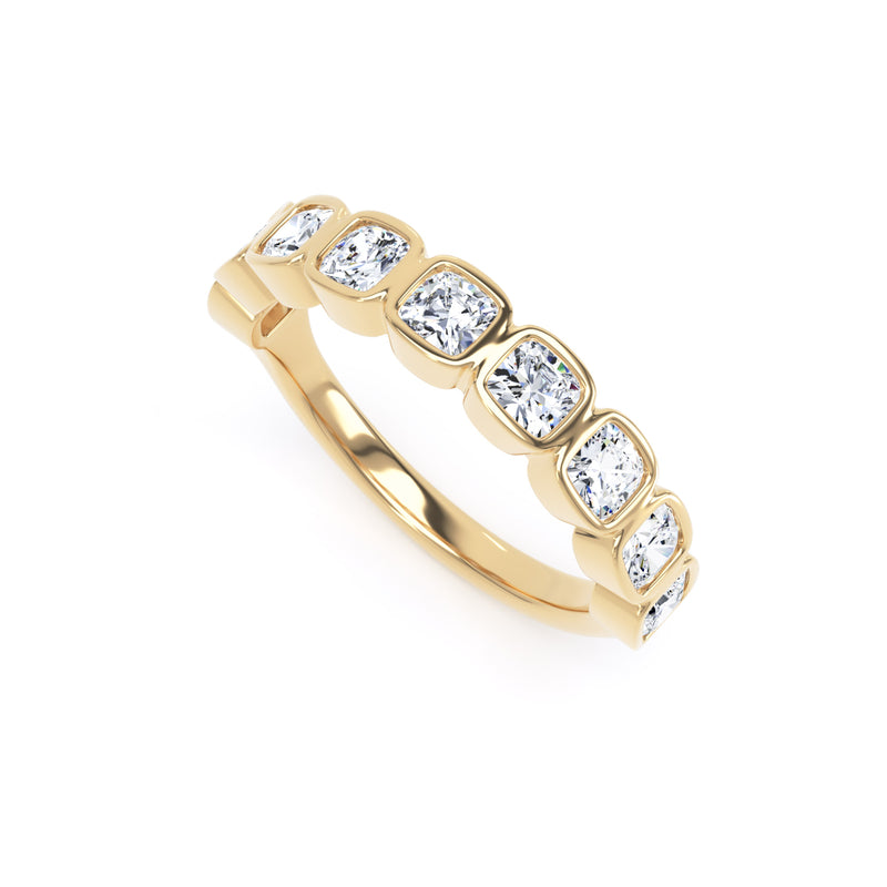 Cushion Diamond Yellow Gold Ring, Bezel Set Half Eternity | ET1235