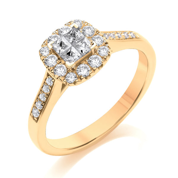 Princess & Round Yellow Gold Cluster Ring, Shoulder Set | CCG01