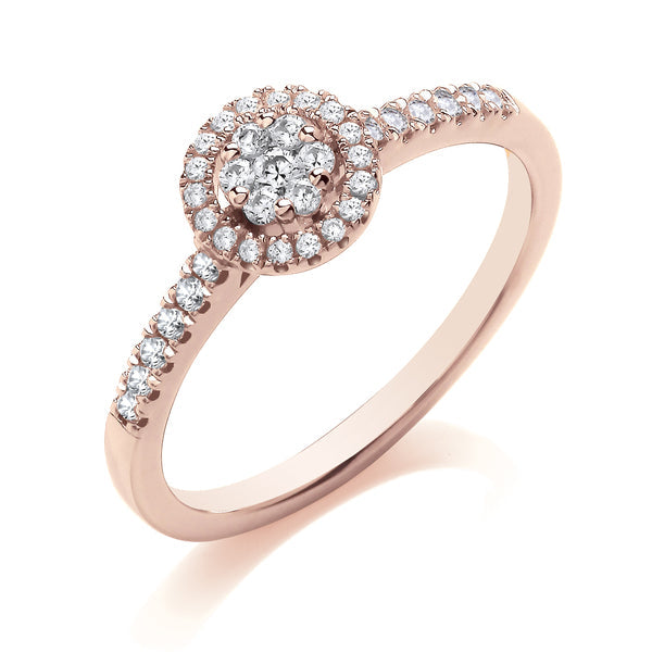 Round Halo Style Rose Gold Cluster Ring, Shoulder Set | CRW03