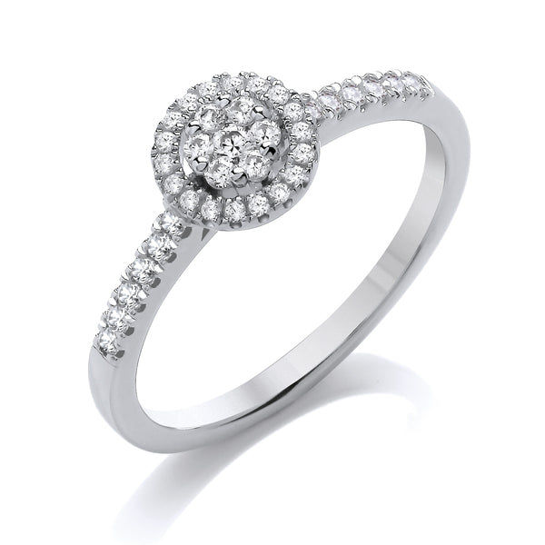 Round Halo Style White Gold Cluster Ring, Shoulder Set | CRW03