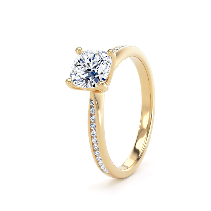 Cushion Shoulder Set Yellow Gold Ring, Channel Set Pinched | LGC CSC01