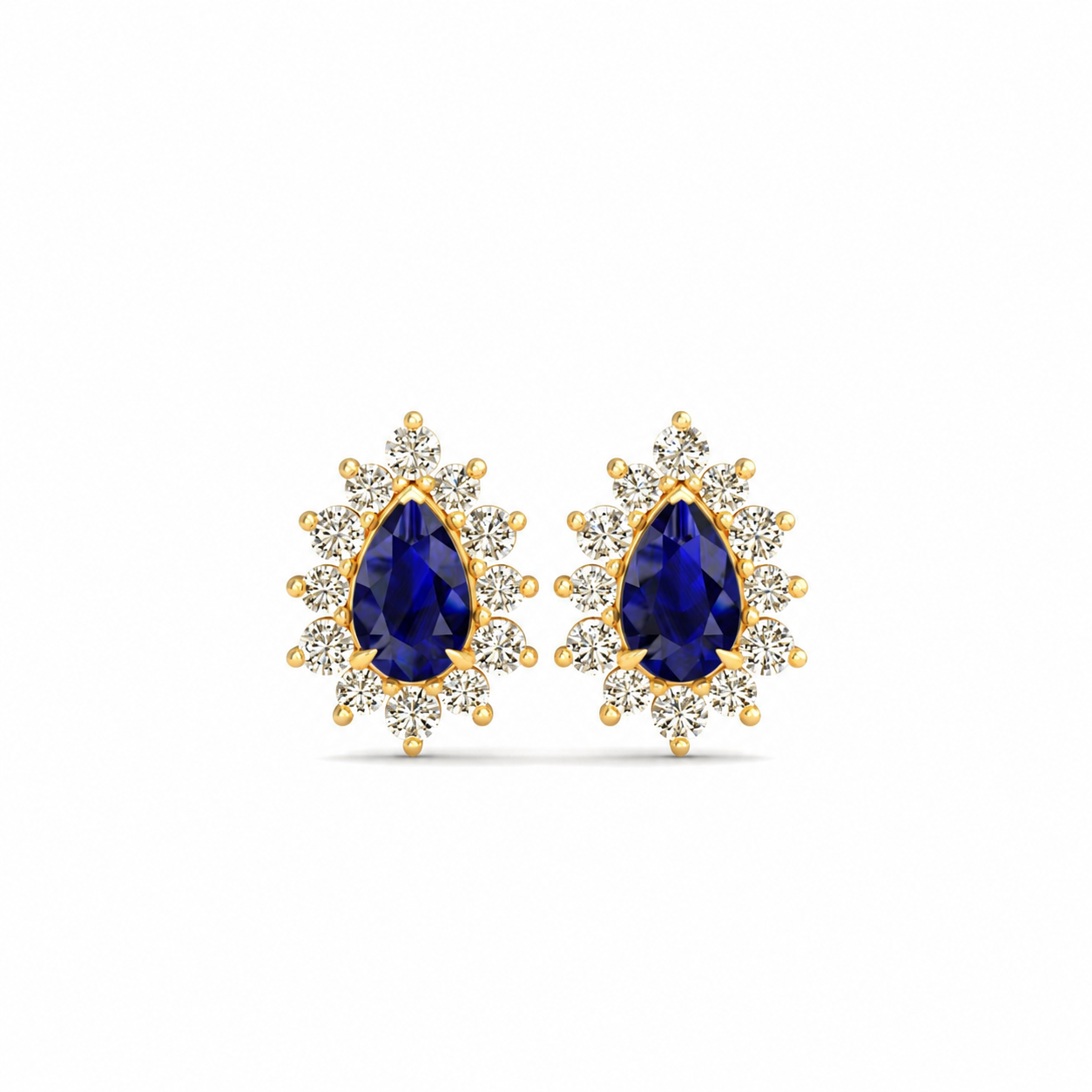 Pear Sapphire & Round Diamond Yellow Gold Earrings, Halo Stud | PE1001SA