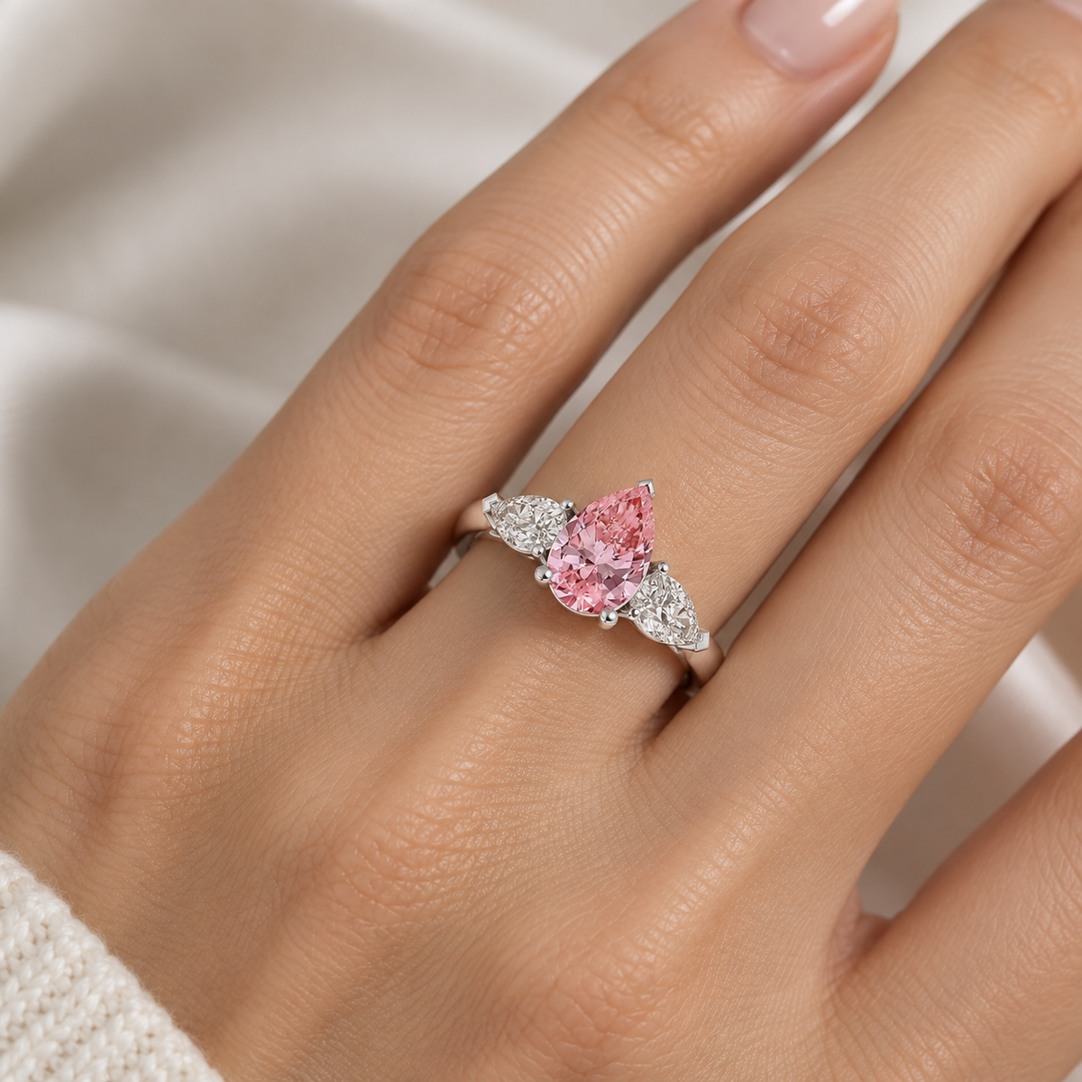 Pink Pear Diamond Rose Gold Engagement Ring, Claw Set Trilogy | M3D03-PINK