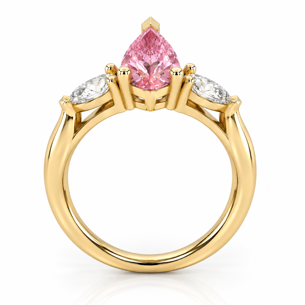 Pink Pear Diamond Yellow Gold Engagement Ring, Claw Set Trilogy | M3D03-PINK