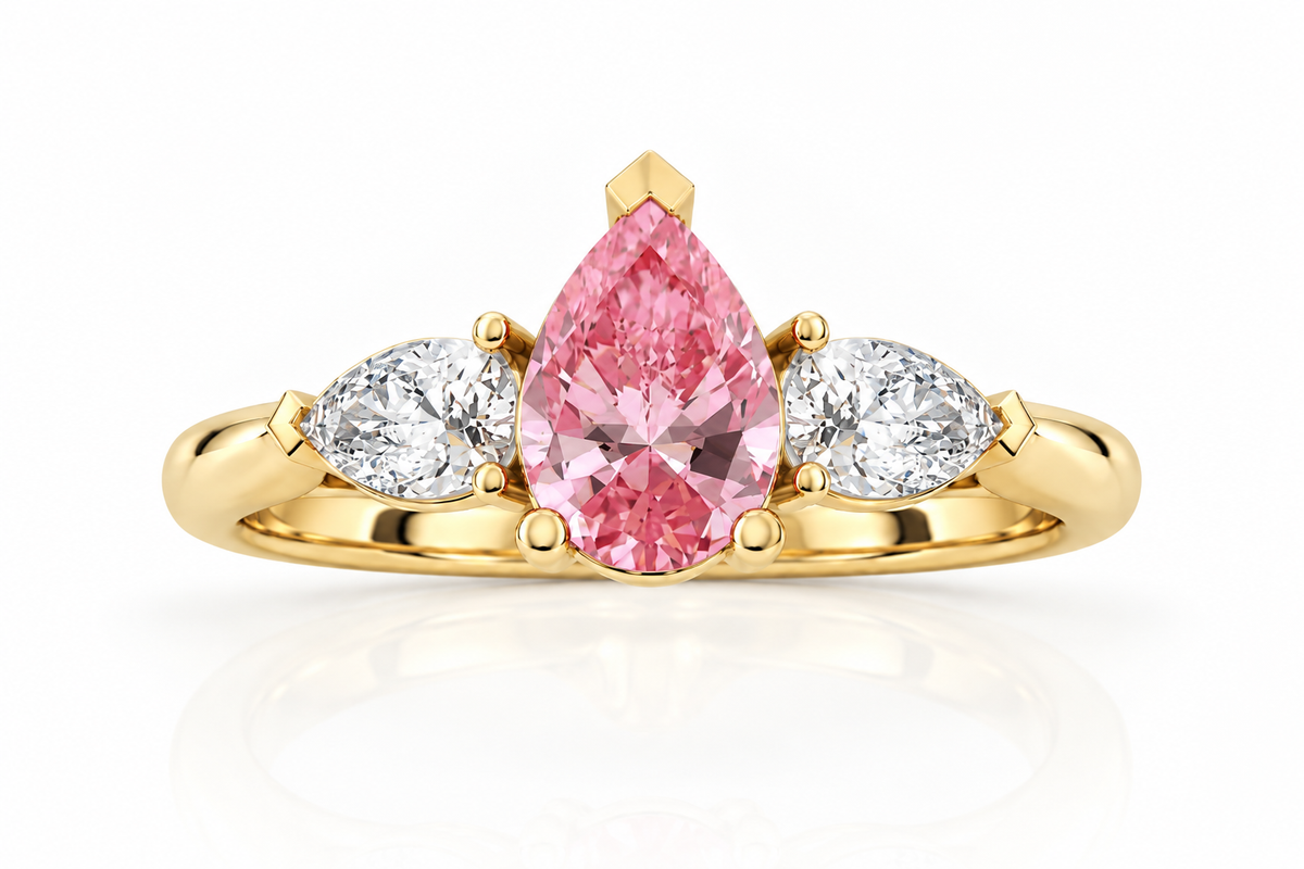 Pink Pear Diamond Yellow Gold Engagement Ring, Claw Set Trilogy | M3D03-PINK