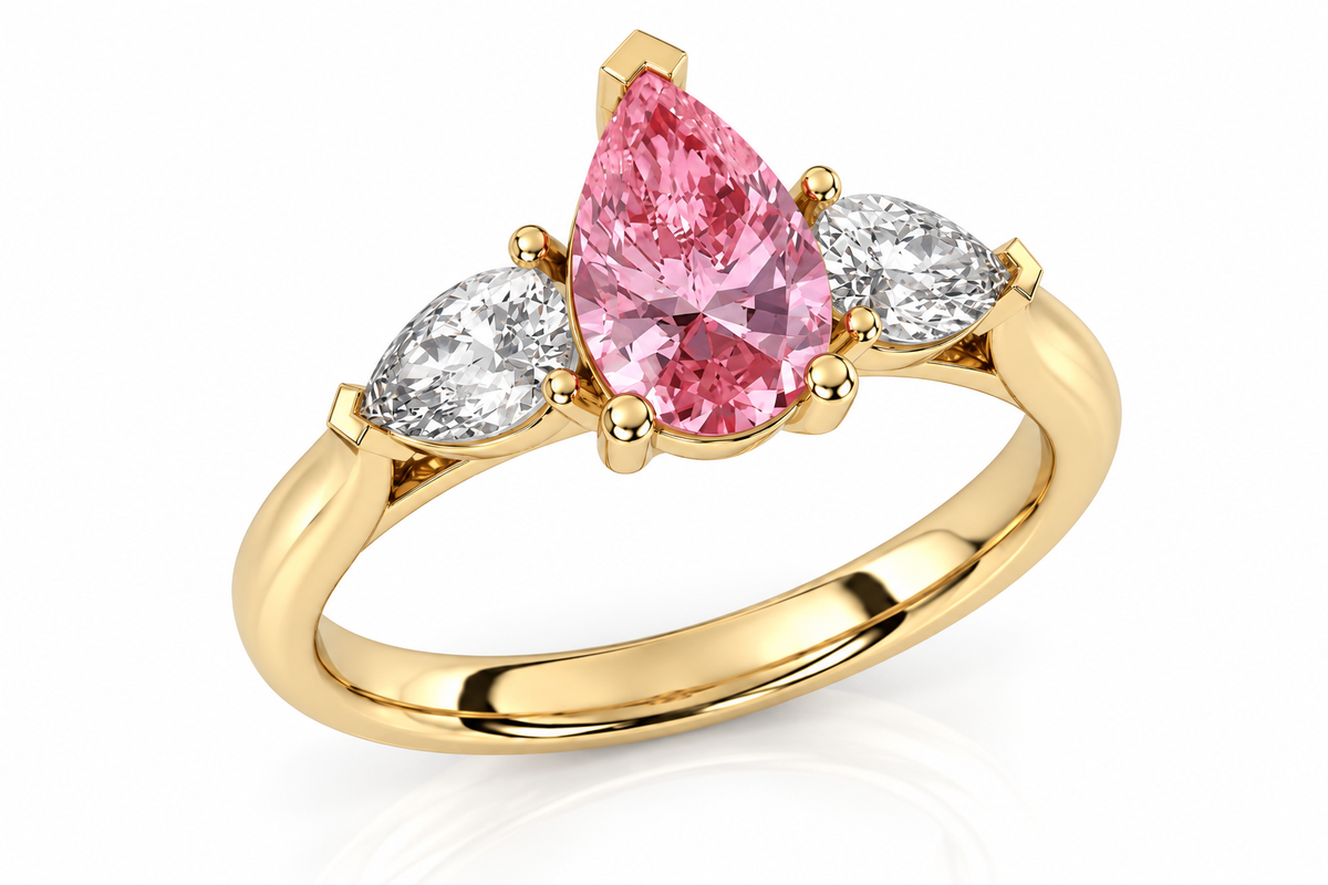 Pink Pear Diamond Yellow Gold Engagement Ring, Claw Set Trilogy | M3D03-PINK
