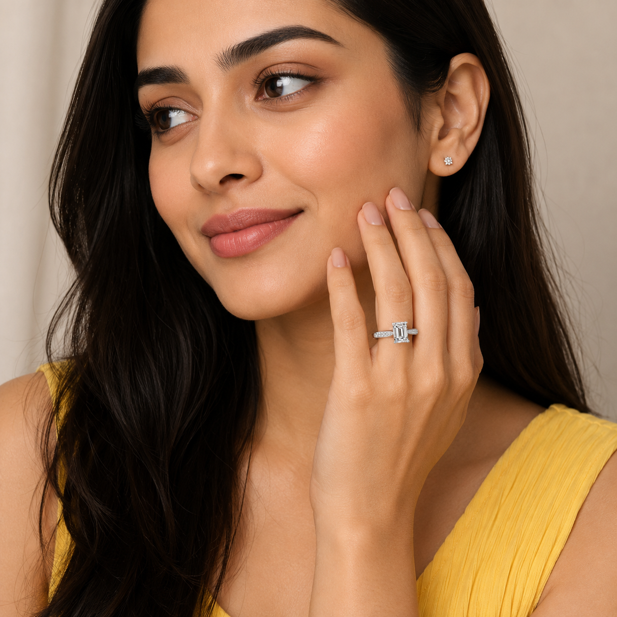 Emerald Diamond Engagement Ring, Tapered Grain Shoulder Set | SME RX5495