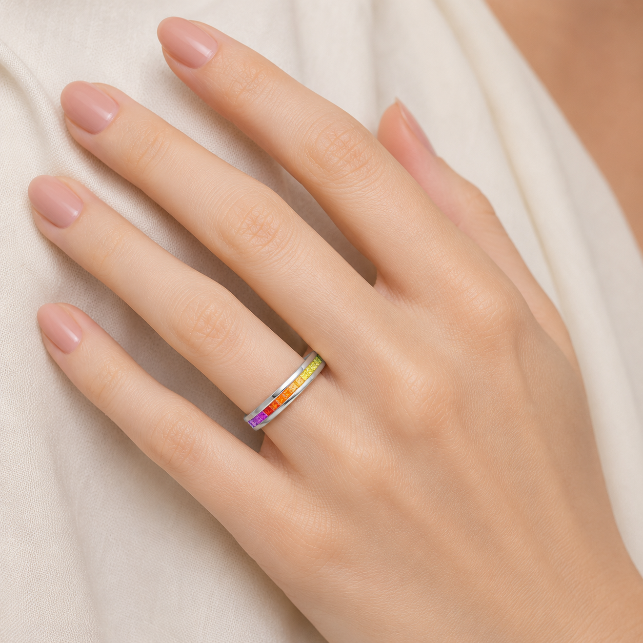 Rainbow Gemstone Ring, Channel Eternity Ring | ET1206