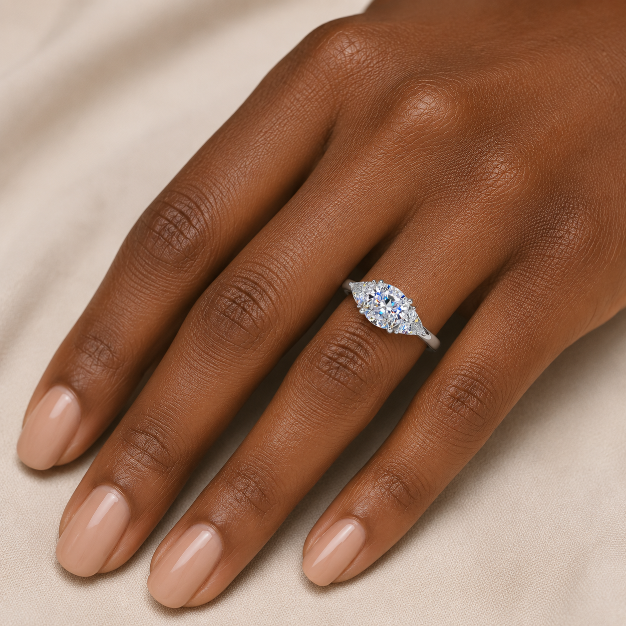 Cushion Diamond Engagement Ring, Trillon Claw Set Trilogy | M3C01