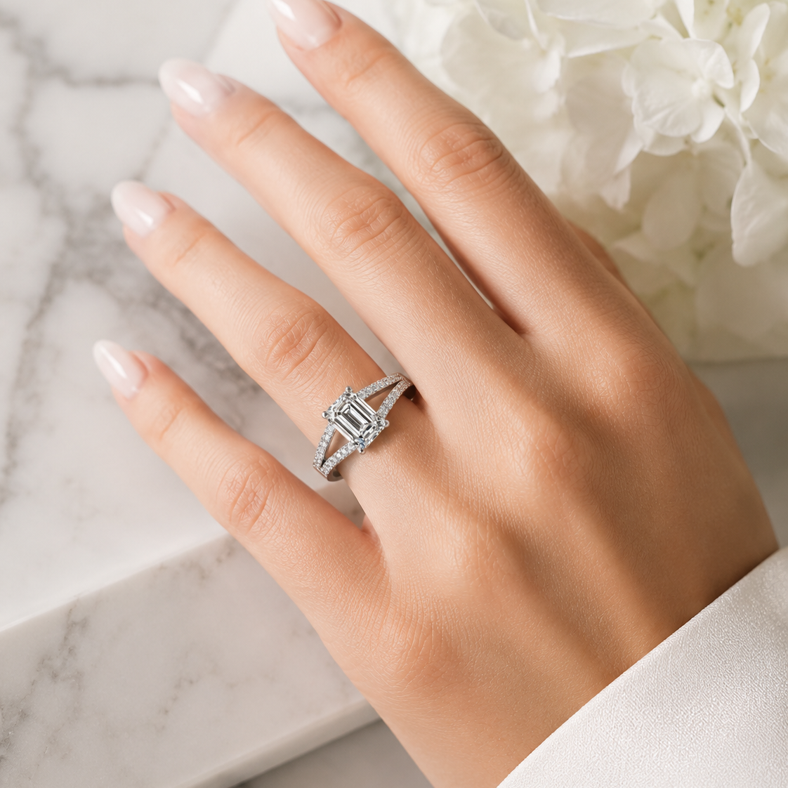 Emerald Diamond & white gold split shoulder engagement ring | SMA
