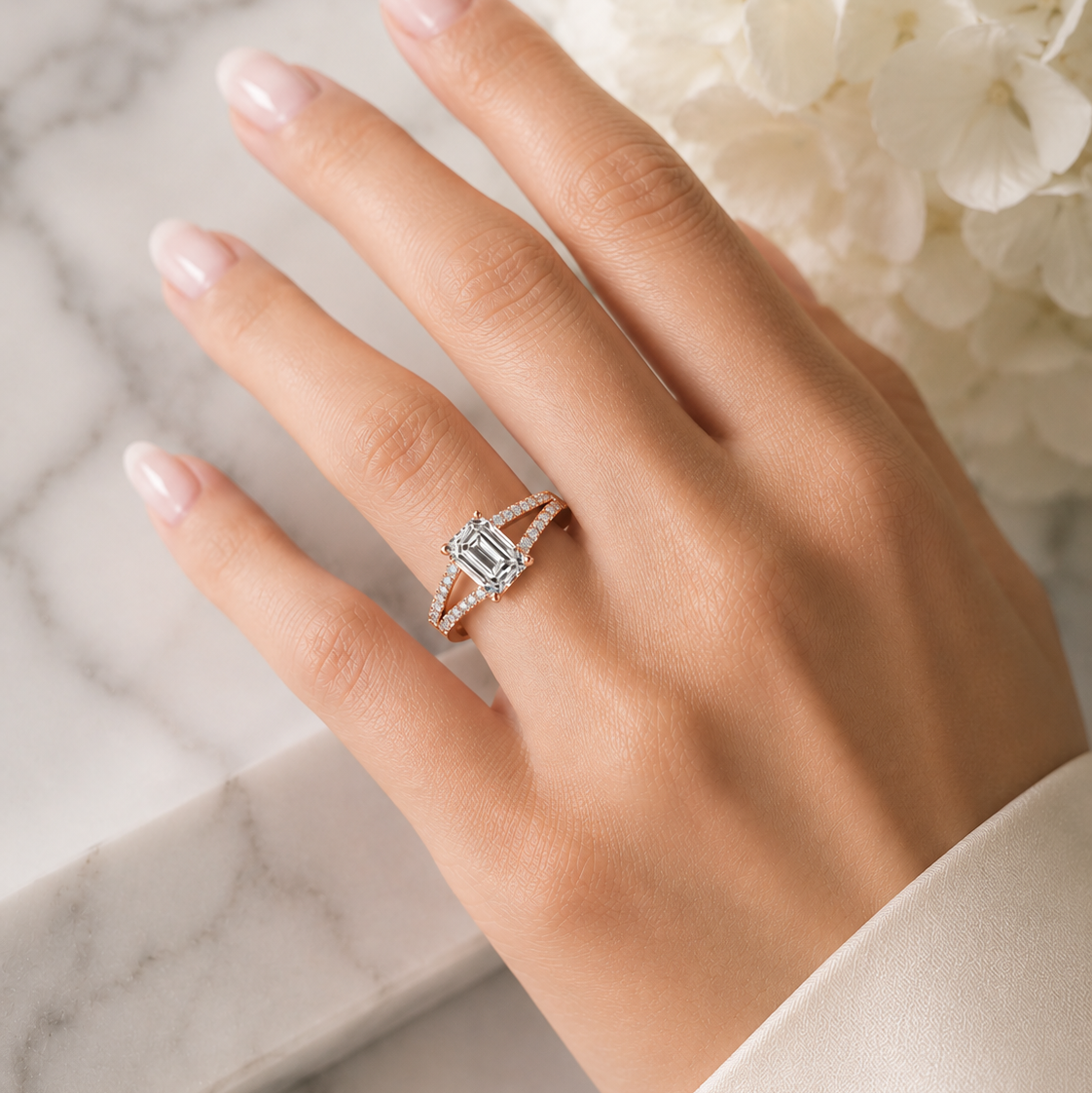 Emerald Diamond split shoulder engagement ring