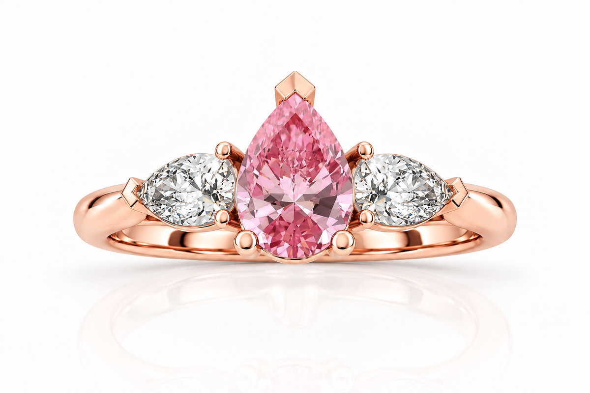 Pink Pear Diamond Rose Gold Engagement Ring, Claw Set Trilogy | M3D03-PINK
