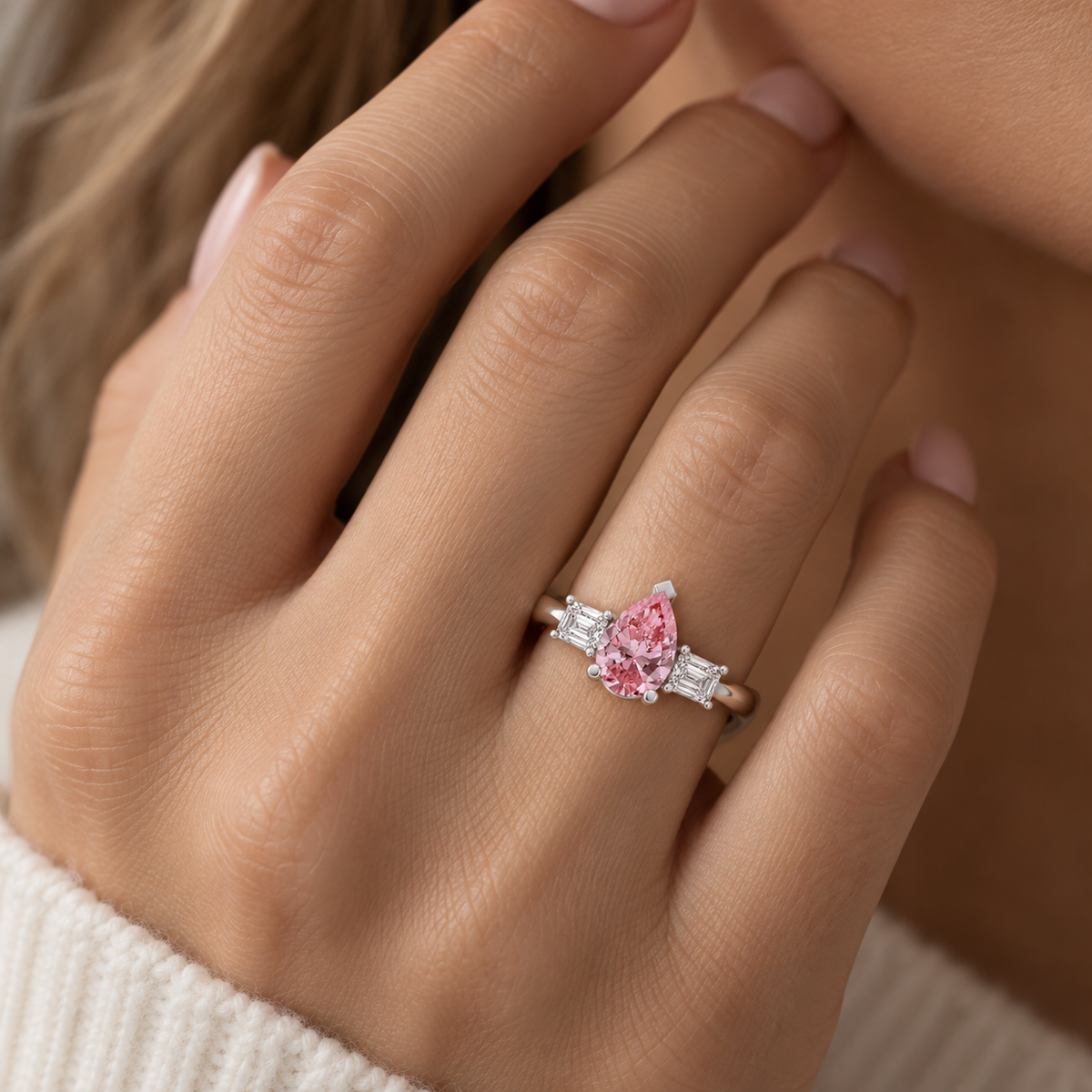 Pink Pear Diamond Engagement Ring, Claw Set Trilogy | R82311-PINK