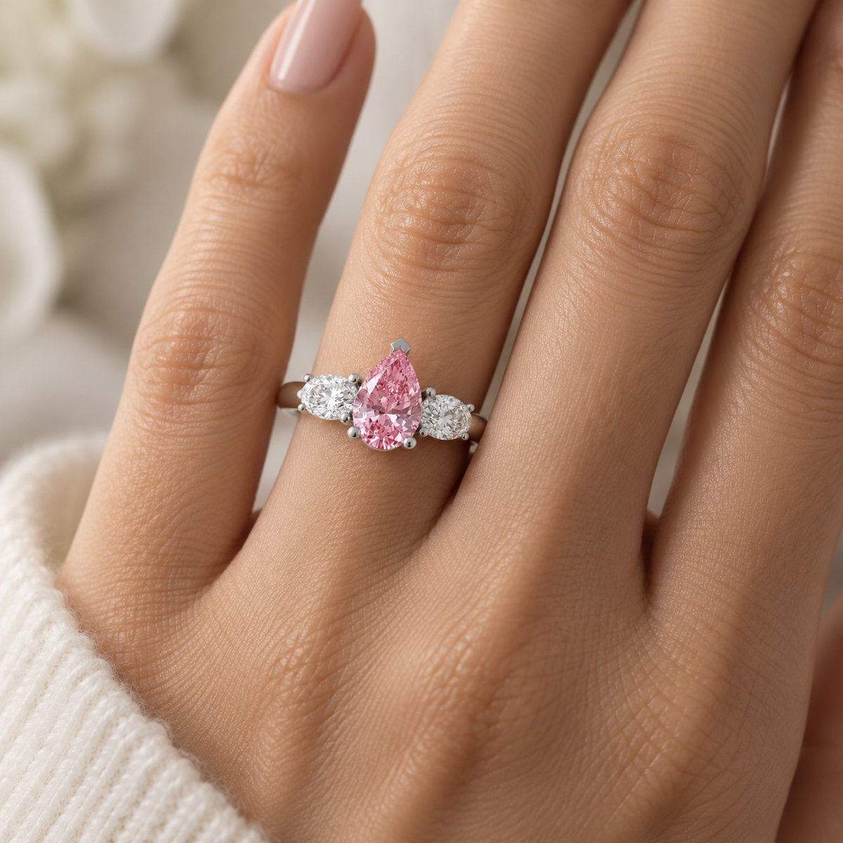 Pink Pear Diamond Engagement Ring, Claw Set Trilogy | R82312-PINK