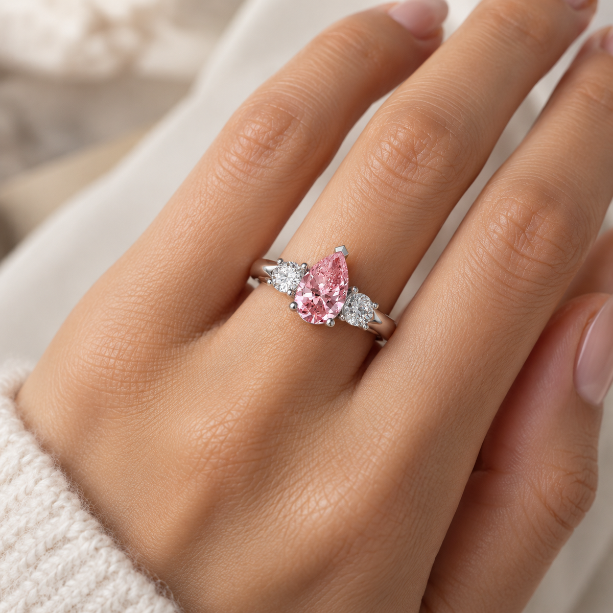 Pink Pear Diamond Engagement Ring, Claw Set Trilogy | R82313-PINK