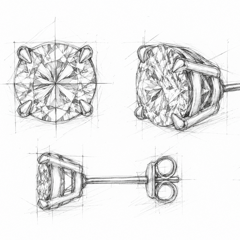 Black and white sketch drawings of a round-cut diamond stud earring, showing multiple angles including front, side, and back views with geometric construction lines.