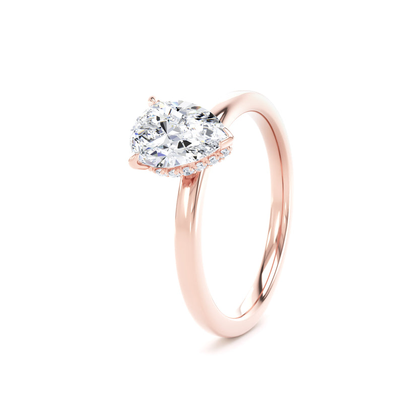 Pear Diamond Rose Gold Ring, Plain Band Hidden Halo | SMD DPS01