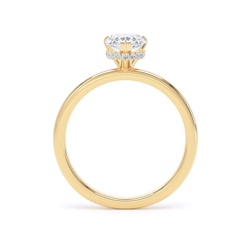 Pear Diamond Yellow Gold Ring, Plain Band Hidden Halo | LGD DPS01