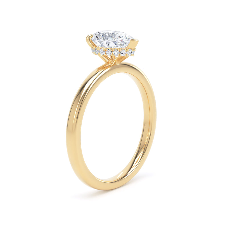 Pear Diamond Yellow Gold Ring, Plain Band Hidden Halo | LGD DPS01