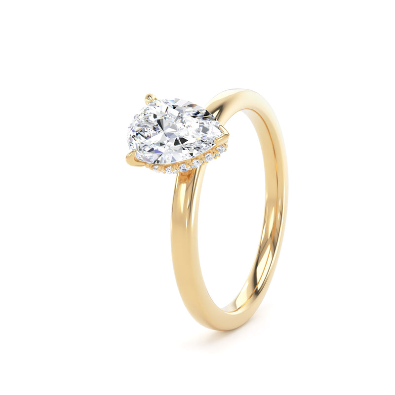 Pear Diamond Yellow Gold Ring, Plain Band Hidden Halo | LGD DPS01