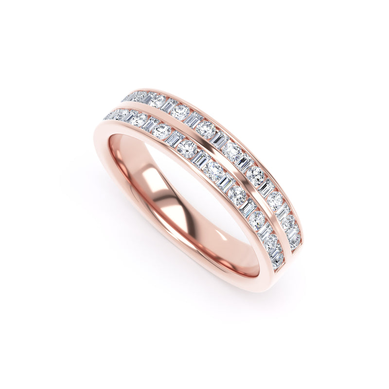 Round & Baguette Diamond Rose Gold Ring, Double Channel Half Eternity | ET1227