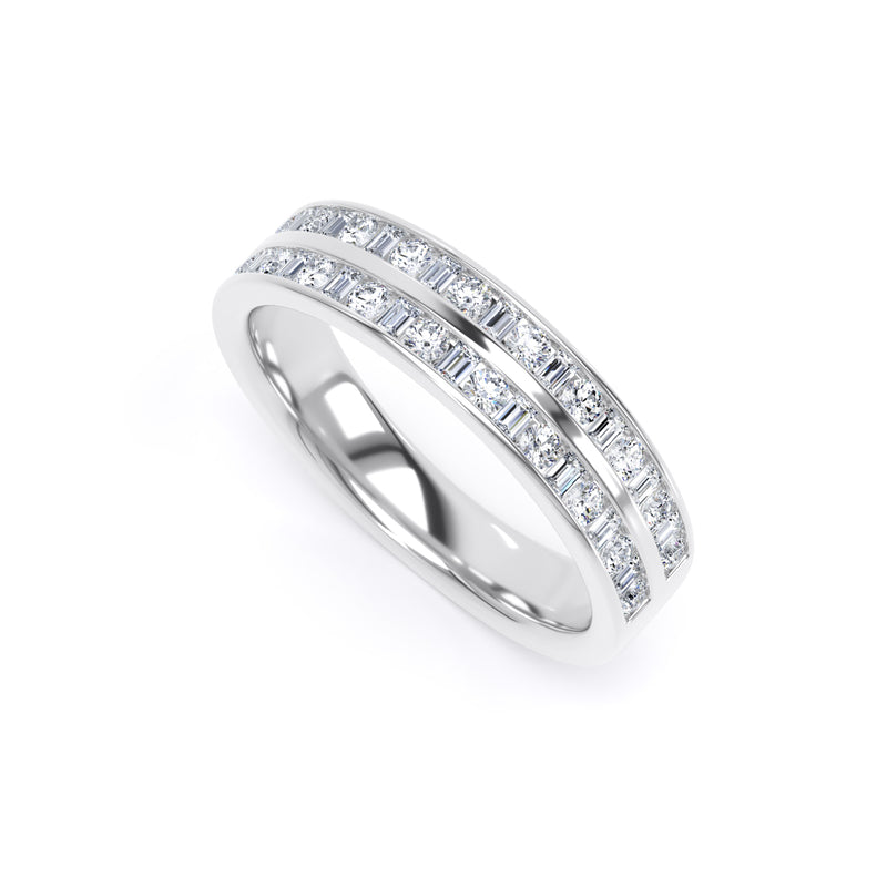 Round & Baguette Diamond White Gold Ring, Double Channel Half Eternity | ET1227