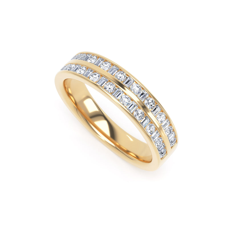 Round & Baguette Diamond Yellow Gold Ring, Double Channel Half Eternity | ET1227