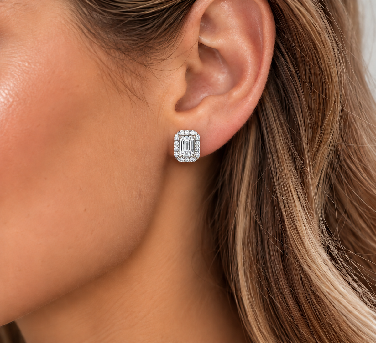 Emerald Cut Diamond Earrings, Micro Set Halo | EE1001