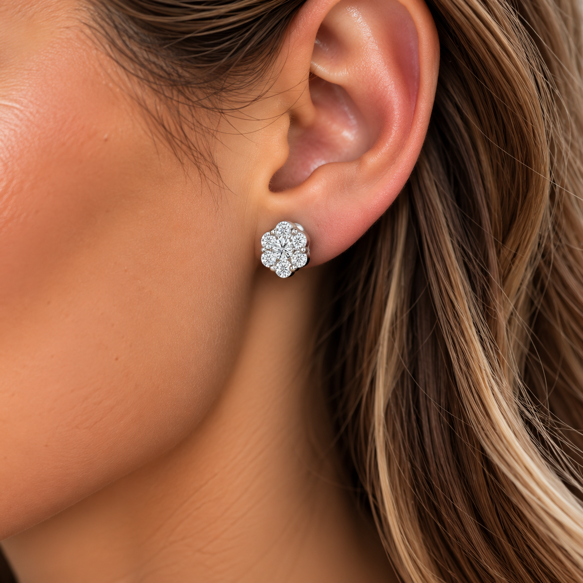 Round Diamond White Gold Halo Earrings, Flower Design | RE1002