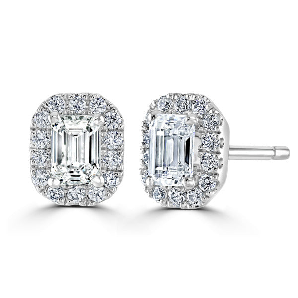 Emerald Cut Diamond White Gold Earrings, Micro Set Halo | EE1001