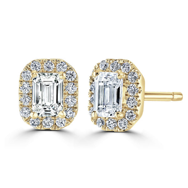 Emerald Cut Diamond Yellow Gold Earrings, Micro Set Halo | EE1001