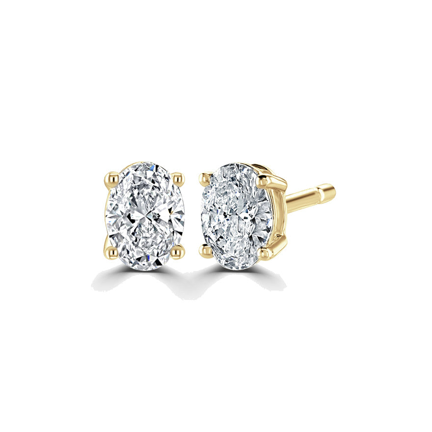 Oval Diamond Yellow Gold Earrings, 4 Claw Stud | OE1001