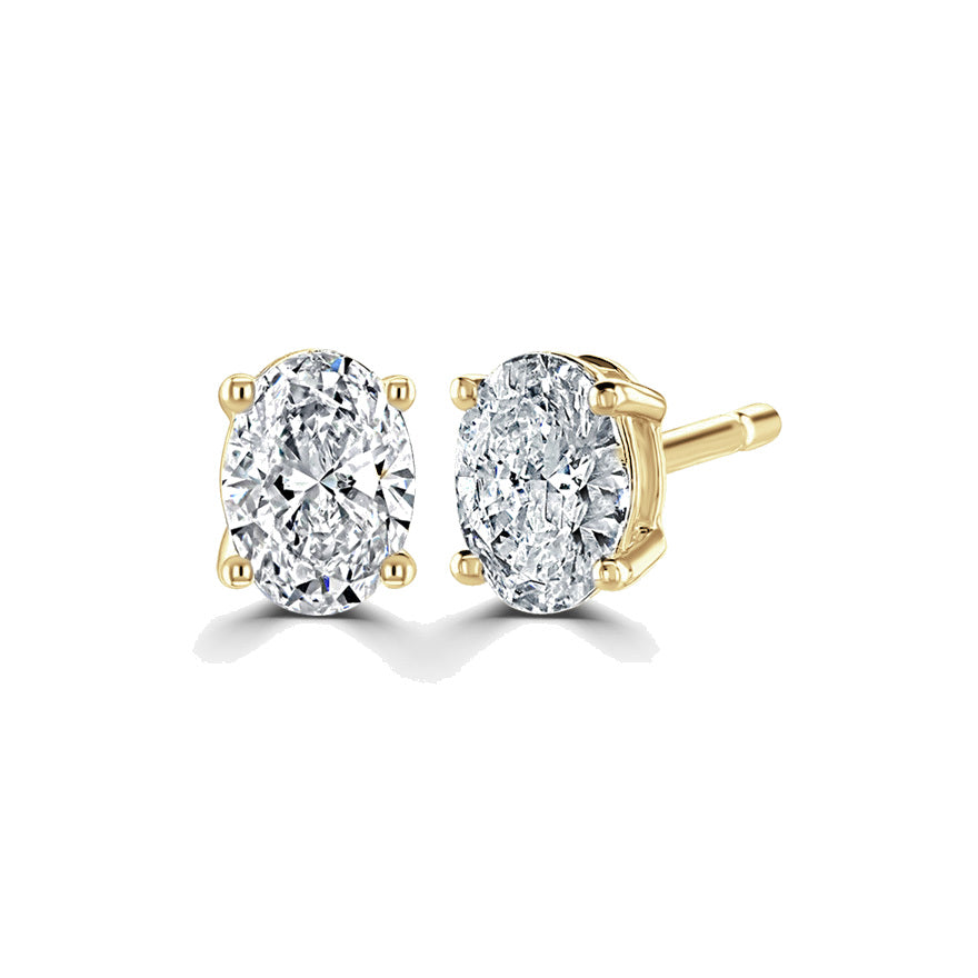Oval Diamond Yellow Gold Earrings, 4 Claw Stud | OE1001