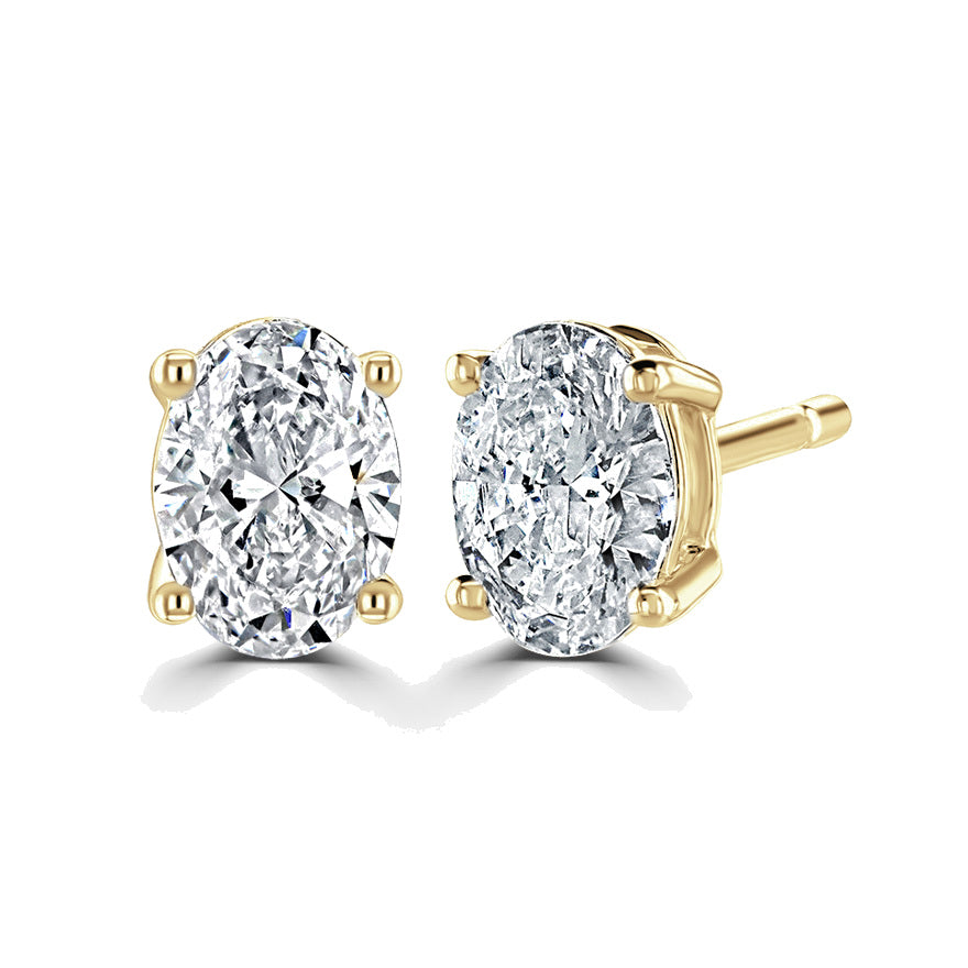 Oval Diamond Yellow Gold Earrings, 4 Claw Stud | OE1001