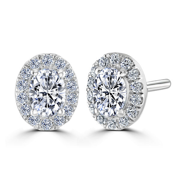 Oval Diamond White Gold Earrings, Micro Set Halo | OE1002