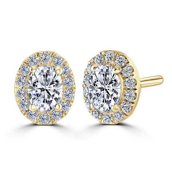Oval Diamond Yellow Gold Earrings, Micro Set Halo | OE1002