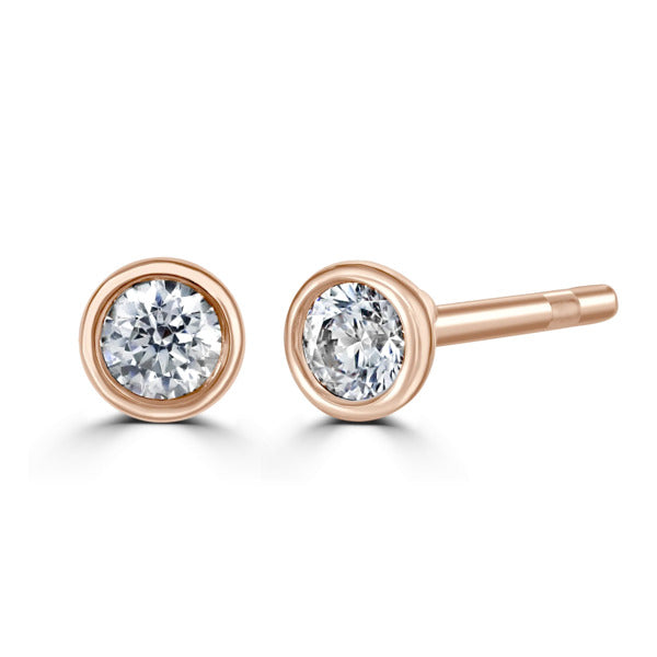Round Diamond Rose Gold Earrings, Bezel Set Stud | RBZ1001