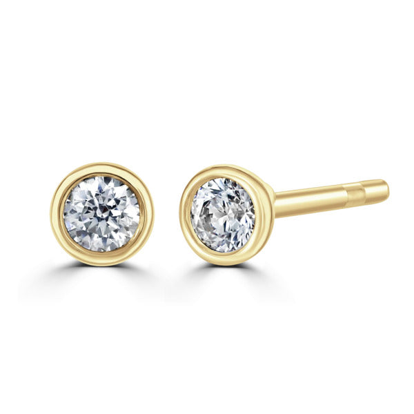 Round Diamond Yellow Gold Earrings, Bezel Set Stud | RBZ1001