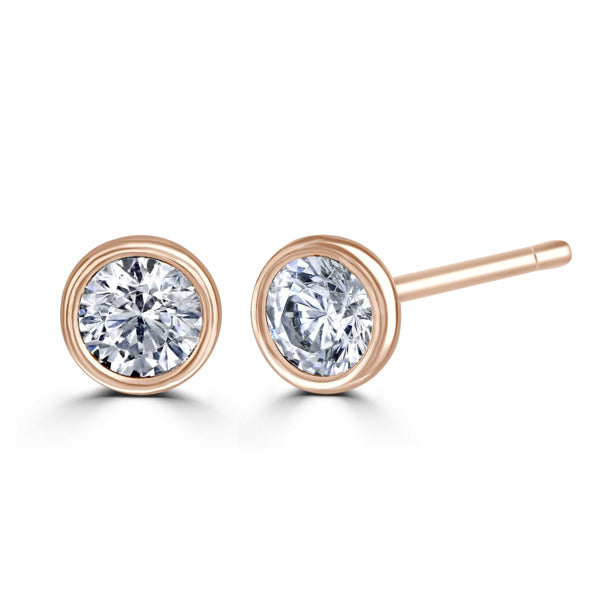 Round Diamond Rose Gold Earrings, Bezel Set Stud | RBZ1001
