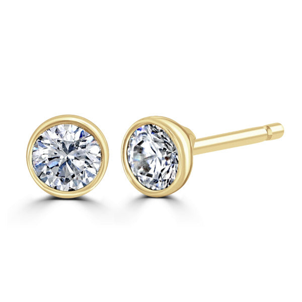 Round Diamond Yellow Gold Earrings, Bezel Set Stud | RBZ1001