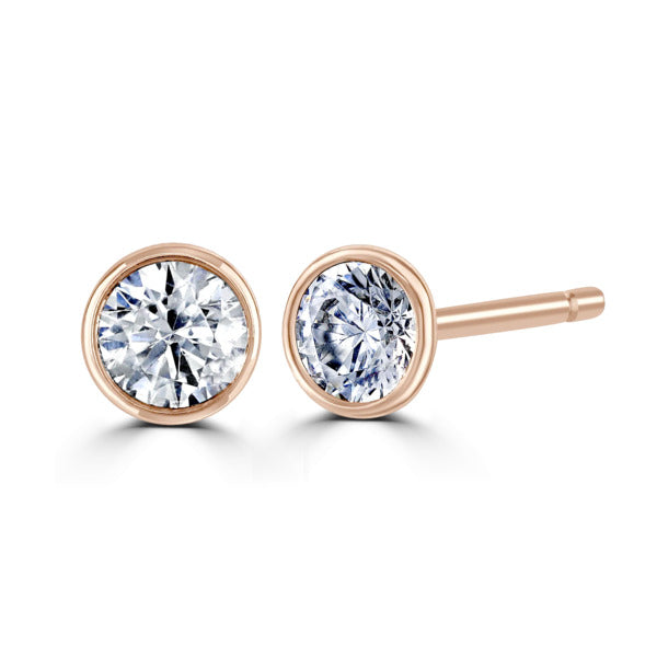 Round Diamond Rose Gold Earrings, Bezel Set Stud | RBZ1001