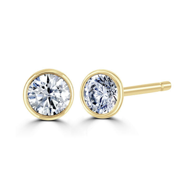 Round Diamond Yellow Gold Earrings, Bezel Set Stud | RBZ1001