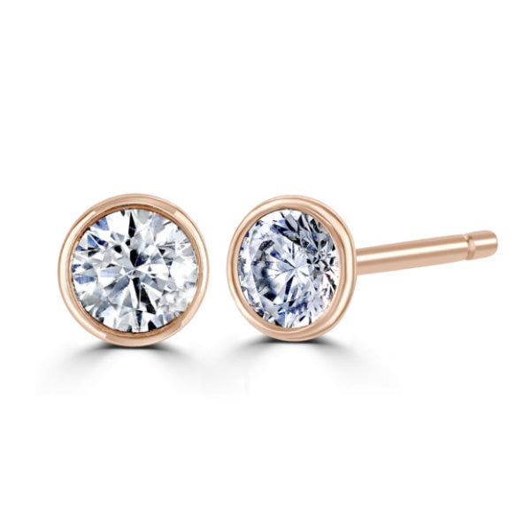 Round Diamond Rose Gold Earrings, Bezel Set Stud | RBZ1001