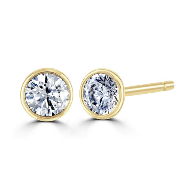 Round Diamond Yellow Gold Earrings, Bezel Set Stud | RBZ1001