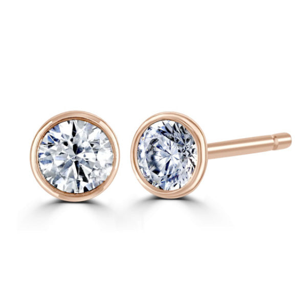 Round Diamond Rose Gold Earrings, Bezel Set Stud | RBZ1001